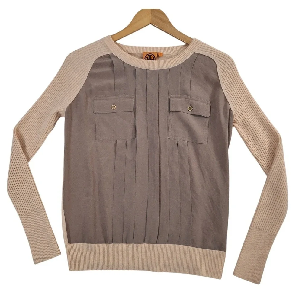 Tory Burch Abigail Cashmere Sweater Small Beige Taupe Pocket Silk Mixed Media